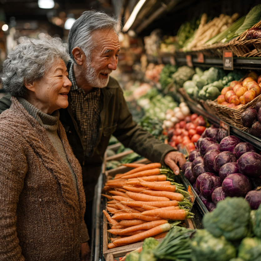 Adultos mayores cocinando saludable